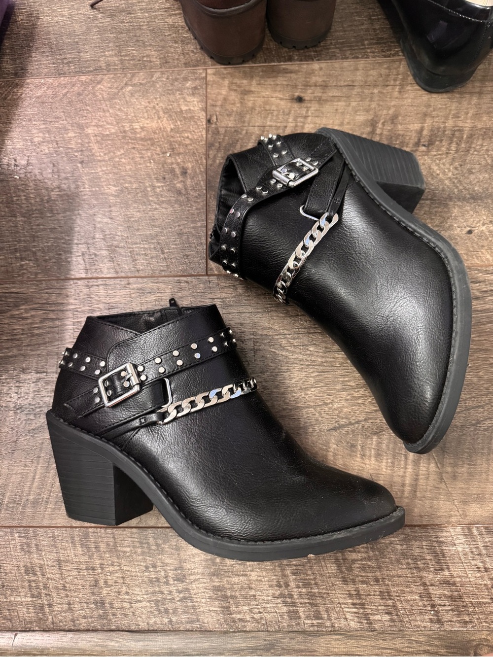 Sugar Black Studded Ankle Boots with Chain Accent